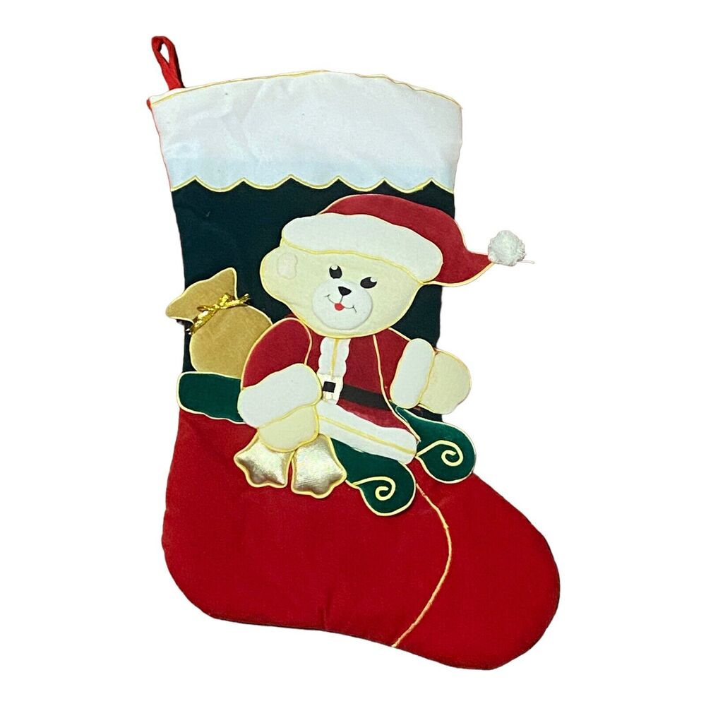 Christmas Stocking Santa Teddy Bear Appliqué Red Green 3D Effect